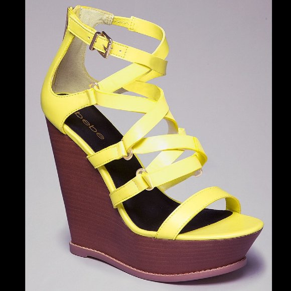 BEBE 6 LEMON YELLOW LEATHER STRAPPY WEDGE HEELS w/ BOX citrine platform - Picture 9 of 10